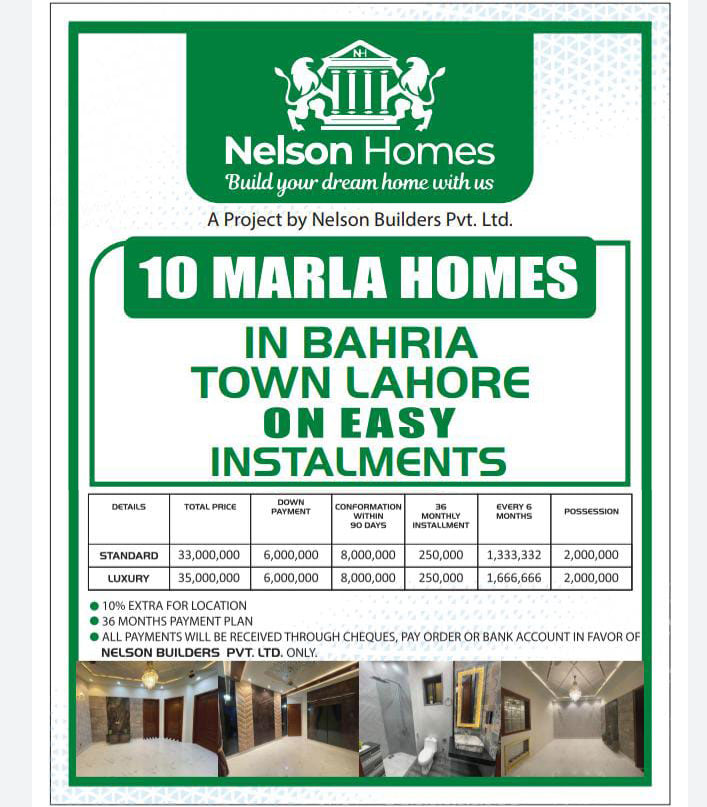 10 Marla House for Sale on Installments in Bahria Town Lahore Nelson Homes