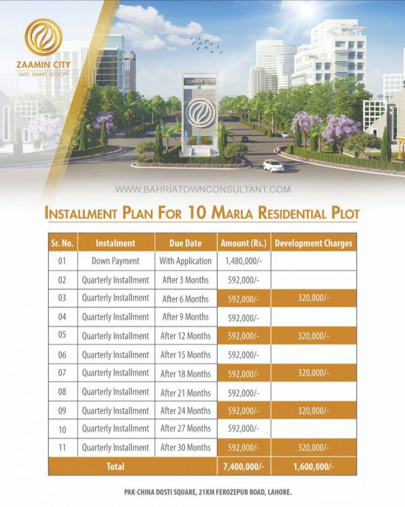 10 Marla residential plot payment plan  Zaamin City Lahore