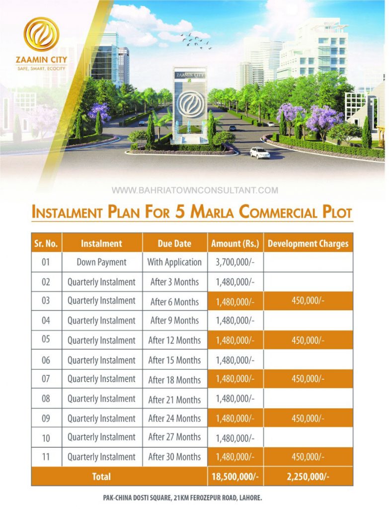 5 Marla Commercial Plot Payment Plan Zaamin City Lahore