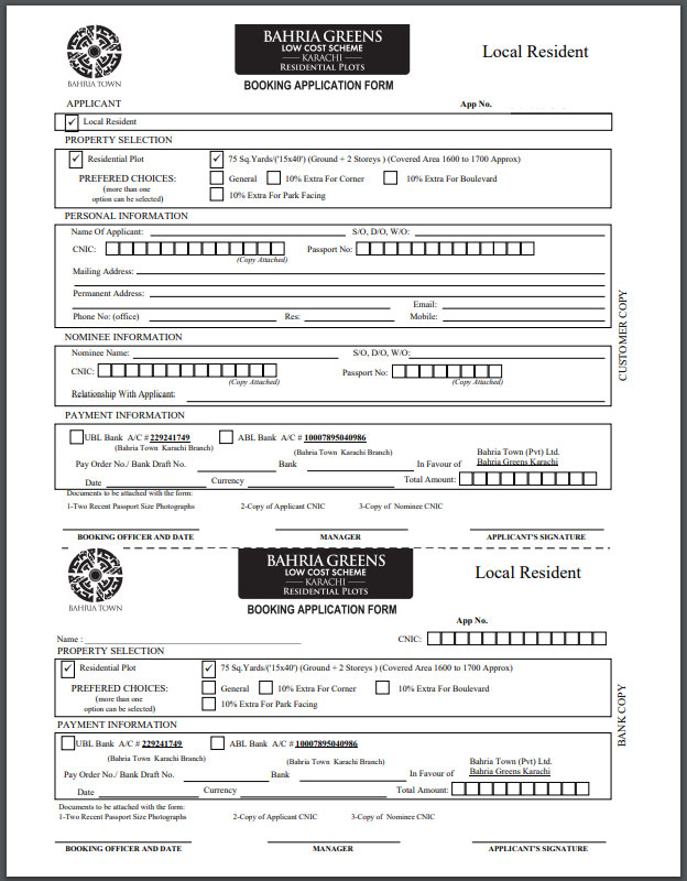 Bahria Greens Karachi Booking Form Local