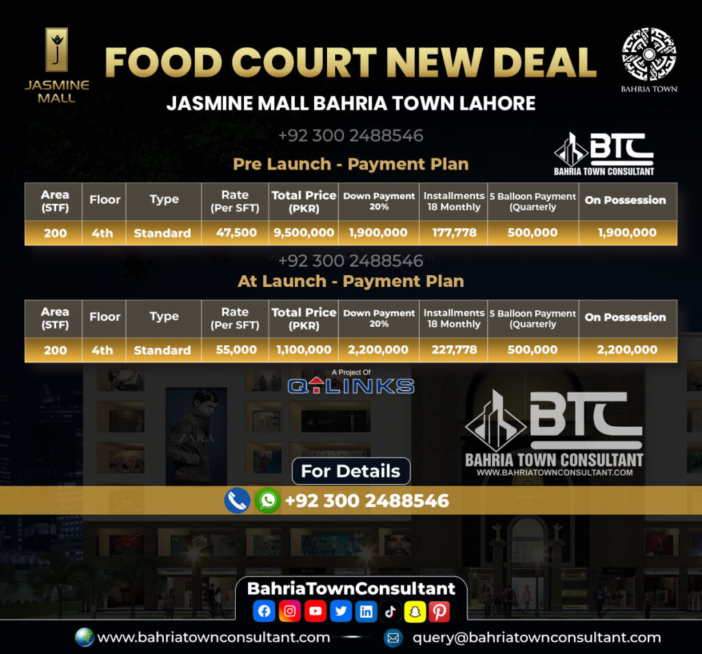 Jasmine Mall Food Court Payment Plan Bahria Town Lahore qLinks