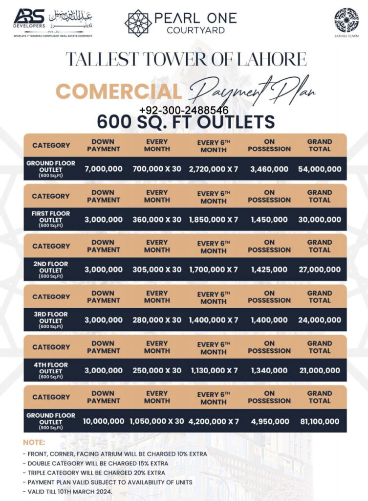 Pearl One Courtyard Commercial Payment Plan 600 sq.