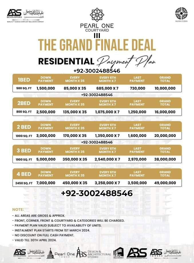 Pearl One Courtyard Payment Plan Grand Finale Deal Bahria Town Lahore by ABS Developers