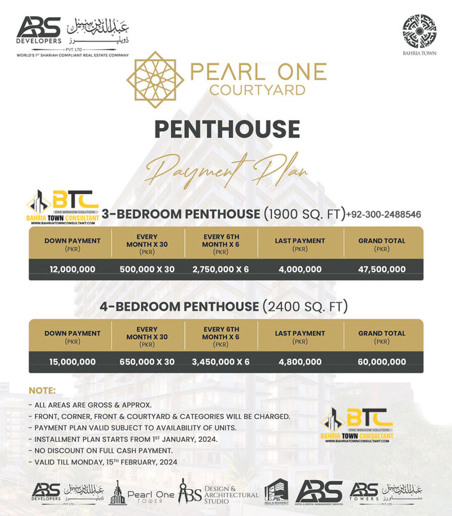 Pearl One Courtyard Tower 2 Pent House Payment Plan Booking Bahria Town Lahore by ABS Developers CEO Dr Subayyal Ikram