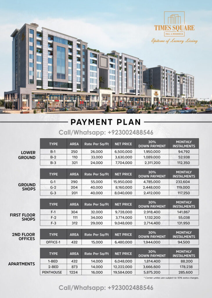 Times Square Mall and Residencia Lahore Payment Plan
